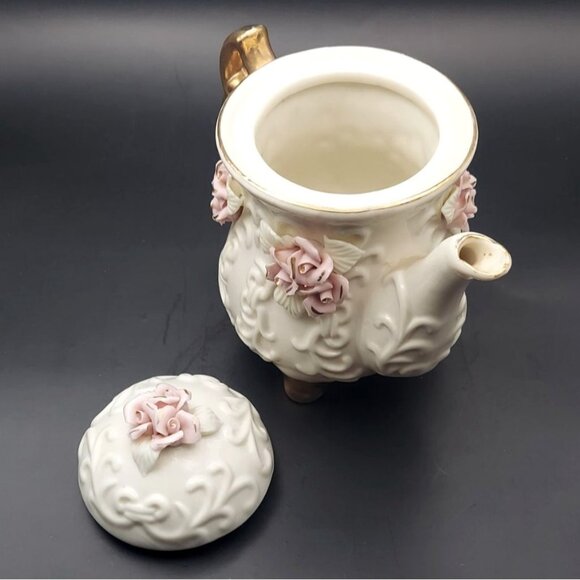 Cracker Barrel 6-Piece Porcelain Capodimonte Tea Set Gold Accents Pink Roses - Picture 8 of 14
